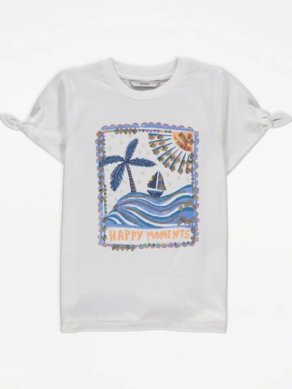 Girls White Sequin Island Boat “Happy Moments” T-Shirt - Size 7-8